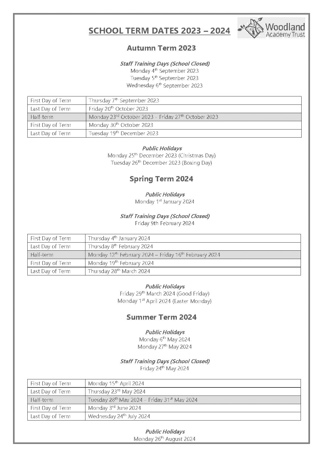 willow wood primary school term dates