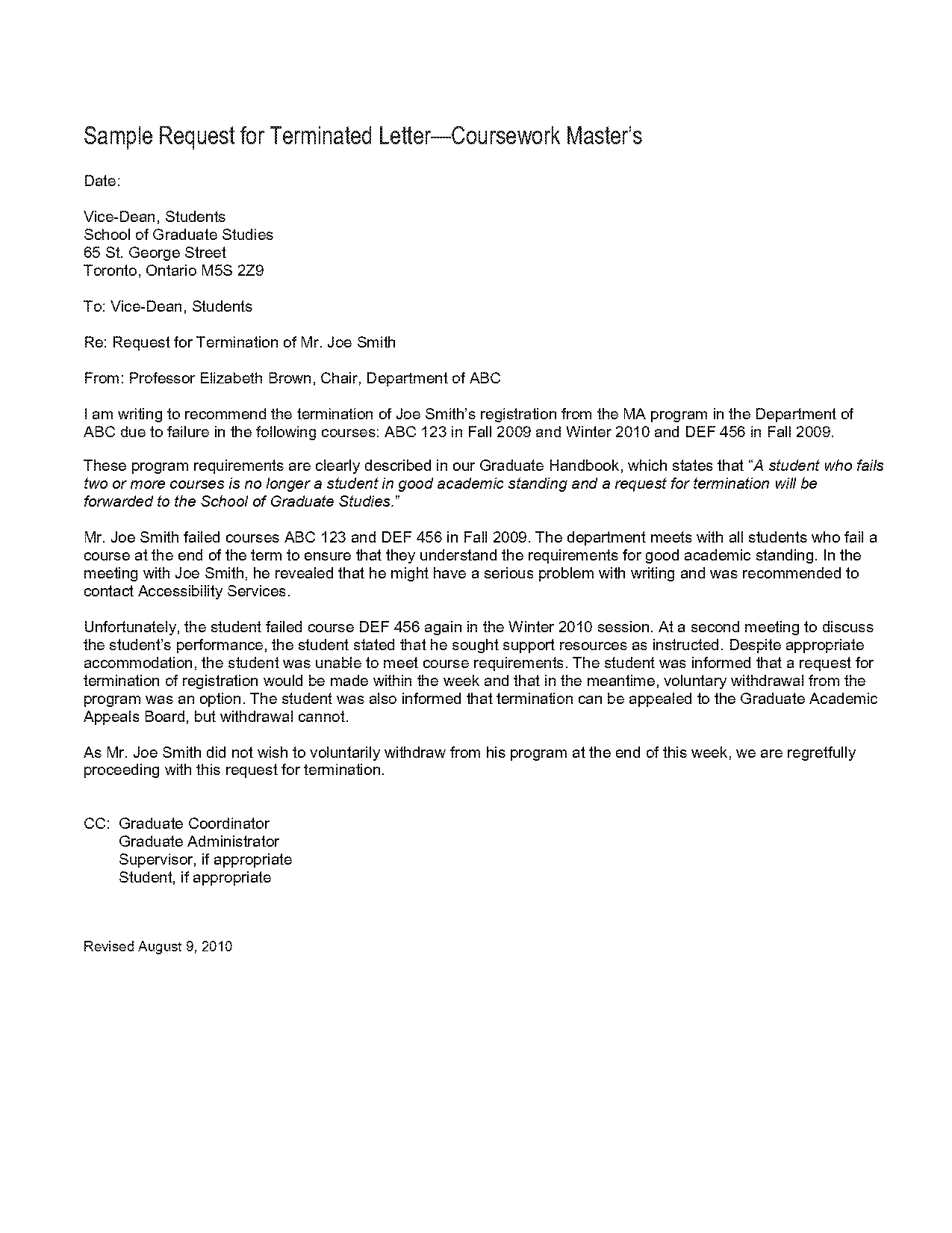 terminate registration of school letter